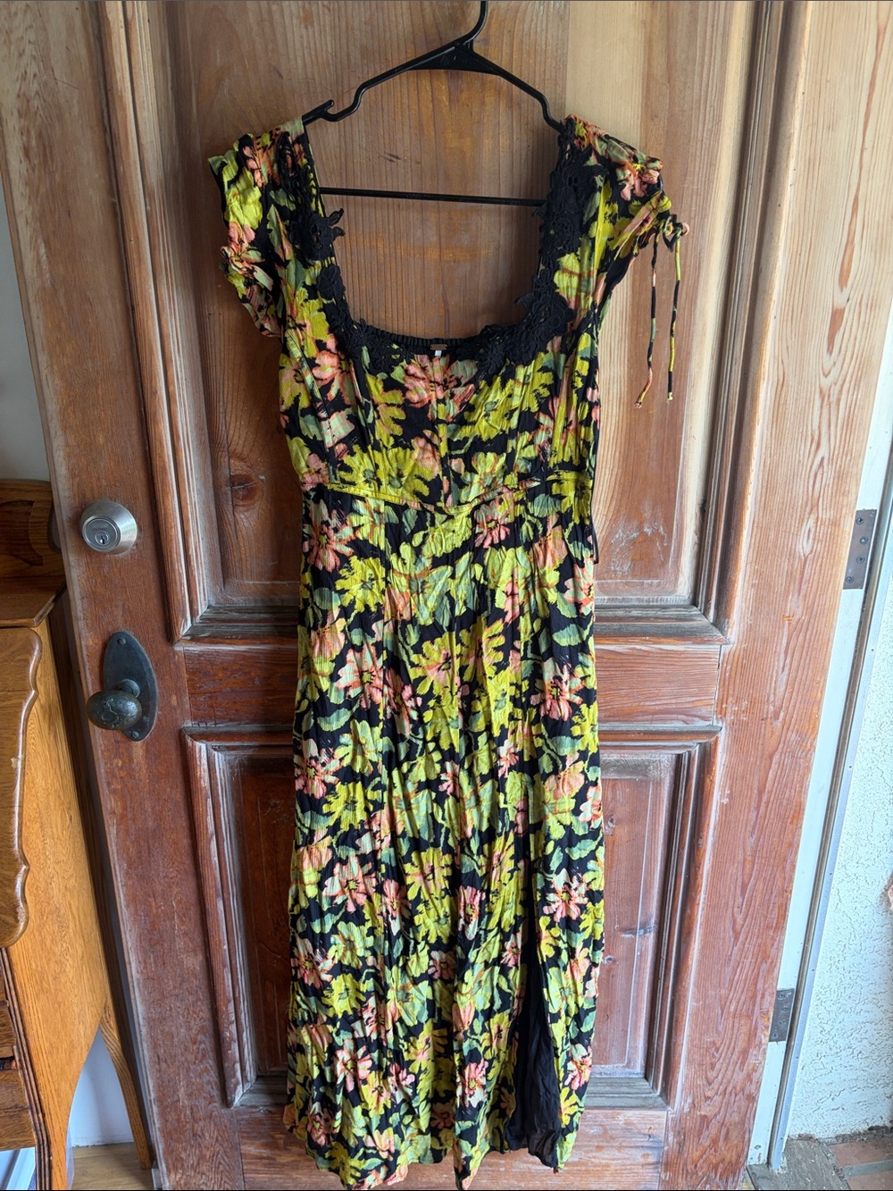 Free People Black Floral Midi Dress with Yellow-Green and Peach Blooms